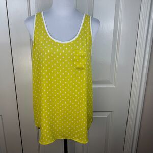 LOFT Women Sheer Top Sz S Yellow and White Polka Dots Sleeveless Knit Trim